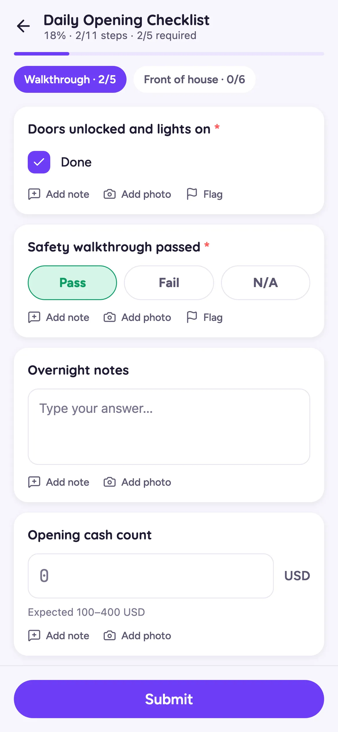 The vidhi app running a Daily Opening Checklist with progress, a completed step, and a passed safety check